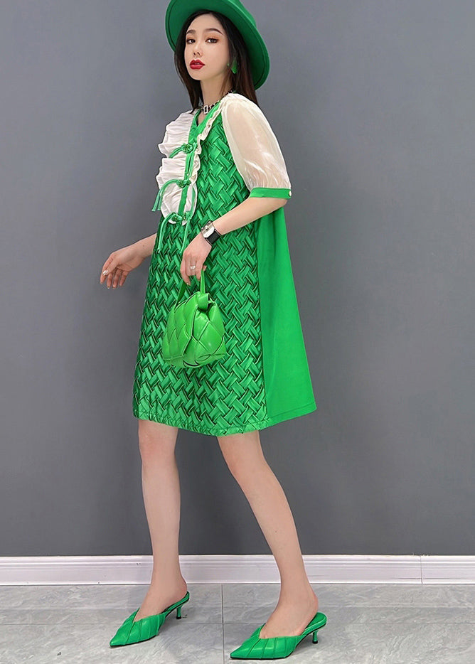 Green V Neck Patchwork Chiffon Mid Dress Short Sleeve
