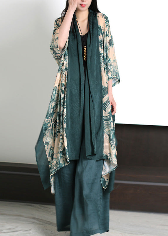 Green V Neck Print Slik Holiday Sunscreen Cardigan Long Sleeve
