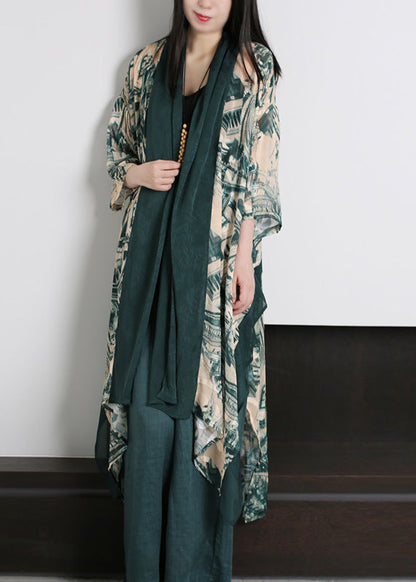 Green V Neck Print Slik Holiday Sunscreen Cardigan Long Sleeve