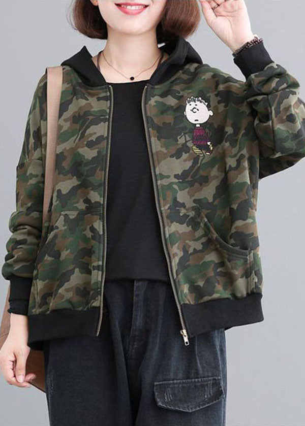 Green Zip Up Patchwork Camouflage Cotton Hoodies Outwear Fall