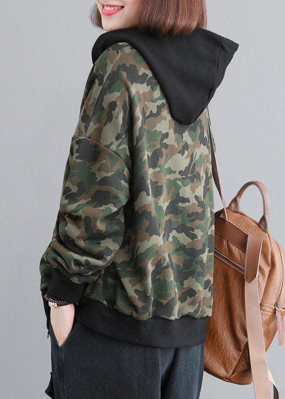 Green Zip Up Patchwork Camouflage Cotton Hoodies Outwear Fall