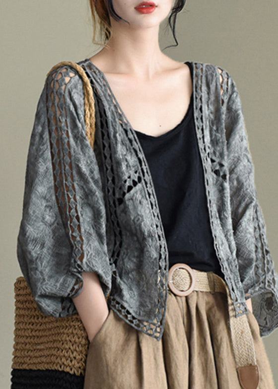 Grey Black Hollow Out Embroideried Cardigans Batwing Sleeve