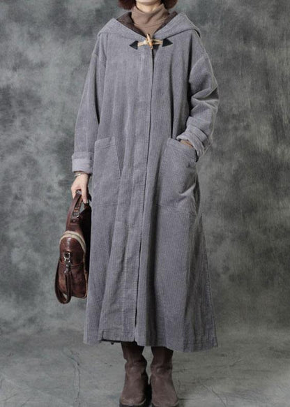 Grey Button Hooded Pockets Winter Cotton Parka Long Sleeve