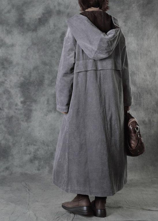 Grey Button Hooded Pockets Winter Cotton Parka Long Sleeve