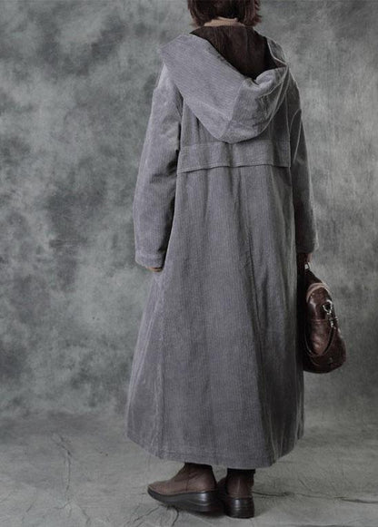 Grey Button Hooded Pockets Winter Cotton Parka Long Sleeve