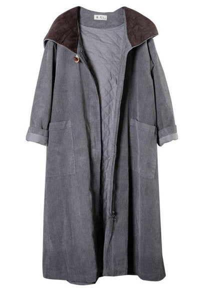 Grey Button Hooded Pockets Winter Cotton Parka Long Sleeve