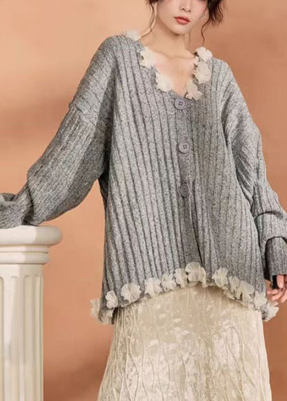 Grey Button Tulle Patchwork Cotton Knit Cardigan Spring