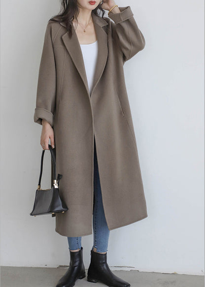 Grey Coffee Colour Notched Woolen Long Coats Fall