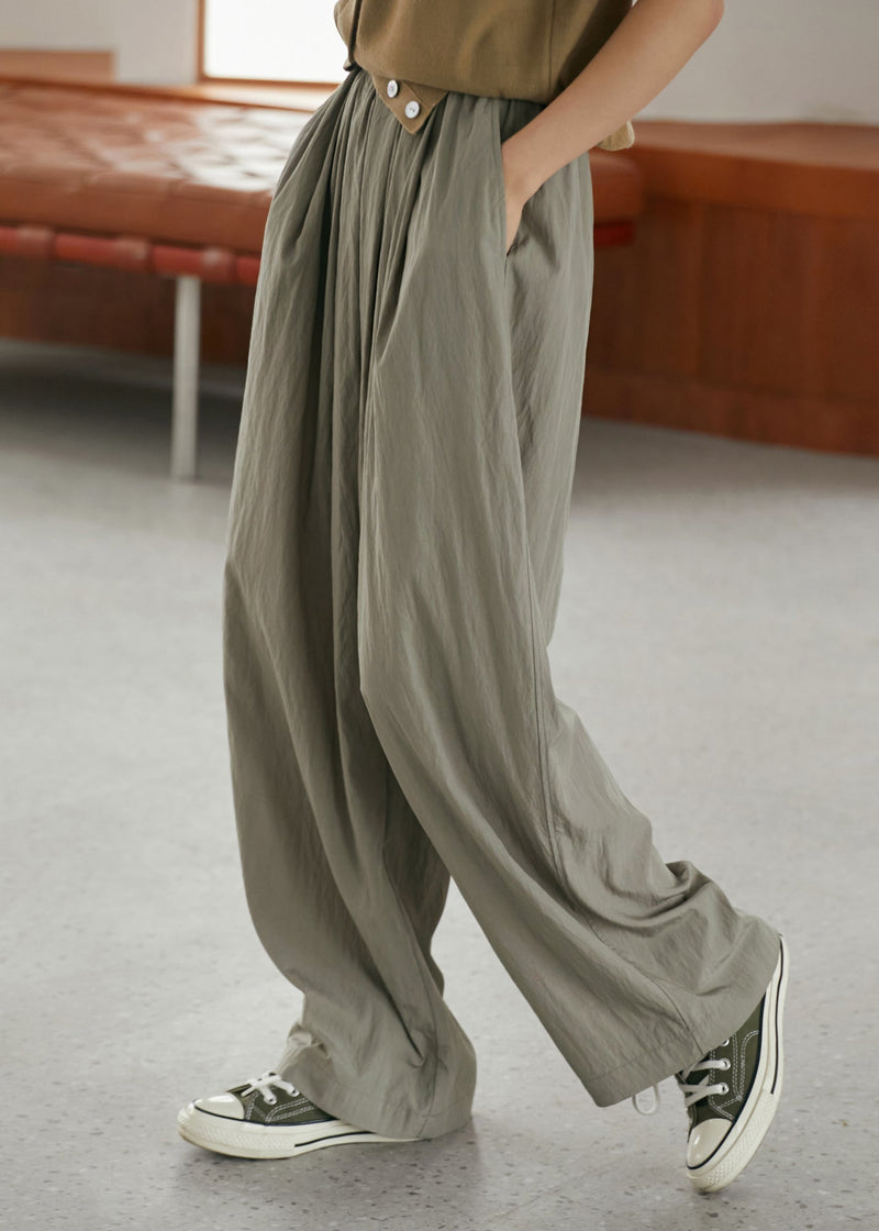 Grey Elastic Waist Pockets Wide Leg Pants Summer