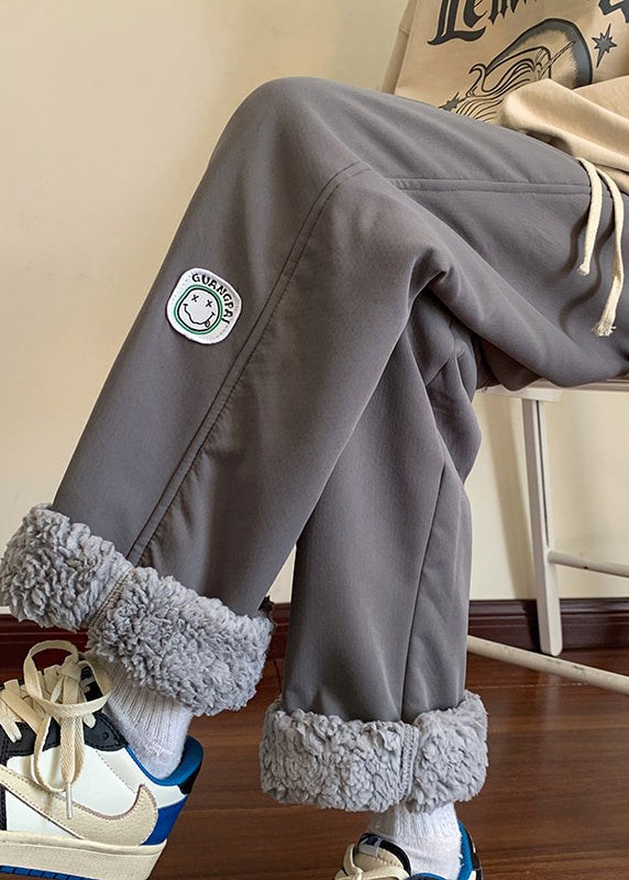 Grey Elastic Waist Thick Fleece Wool Lined Pants Winter