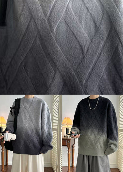 Grey Gradient Color O Neck Plaid Knit Sweaters Winter