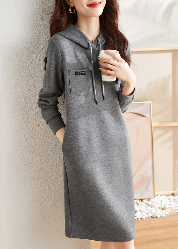 Grey Hooded Lace Up Patchwork Cotton Dress Fall