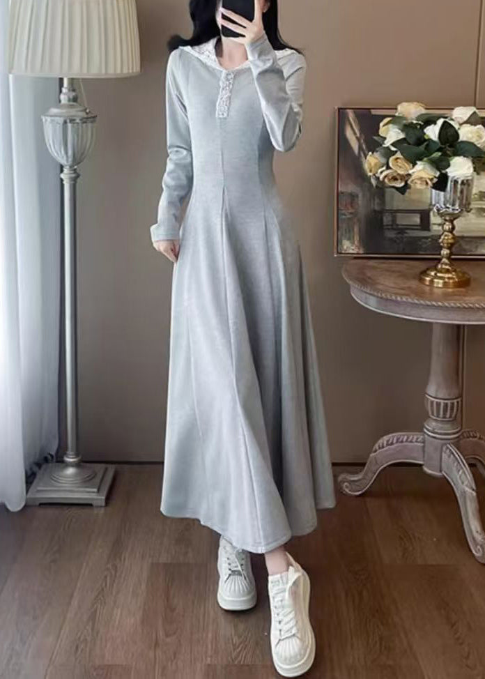 Grey Hooded Patchwork Cotton Long Dress Spring