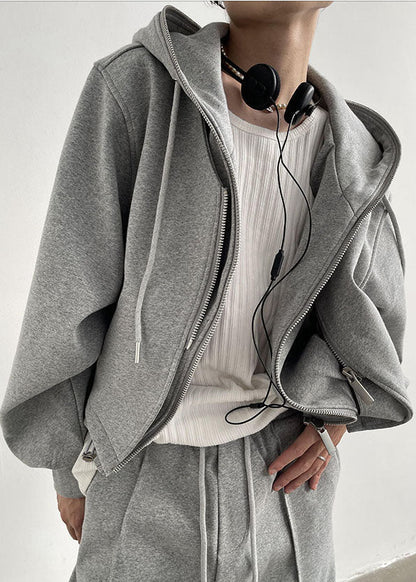 Grey Hooded Patchwork Zippered Cotton Fake Two Piece Coats Spring