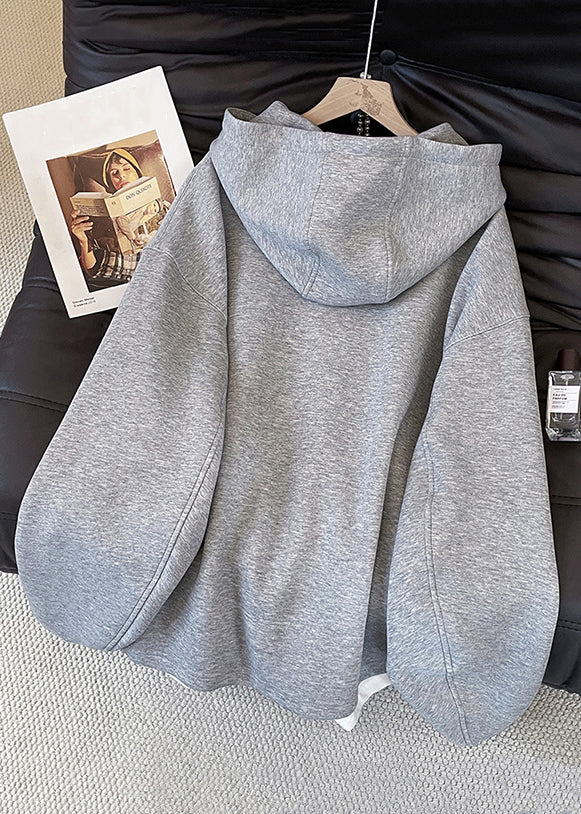 Casual Grey Hooded Zippered False Two Pieces Cotton Sweatshirts Top Fall