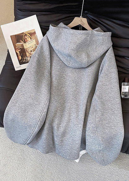 Casual Grey Hooded Zippered False Two Pieces Cotton Sweatshirts Top Fall