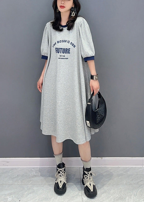 Grey O-neck Graphic Print Maxi Dress Summer