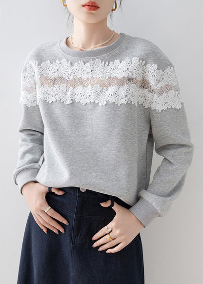 Casual Grey O Neck Lace Patchwork Cotton Sweatshirt Spring