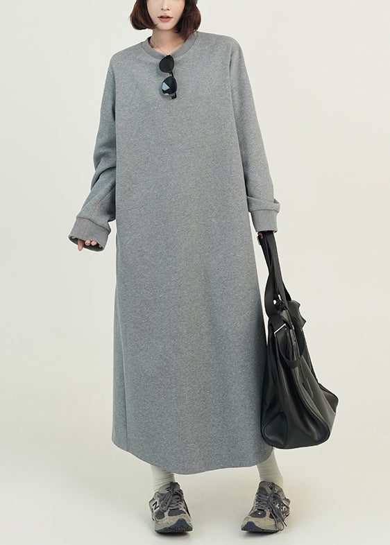 Grey O Neck Loose Cotton Straight Dresses Spring