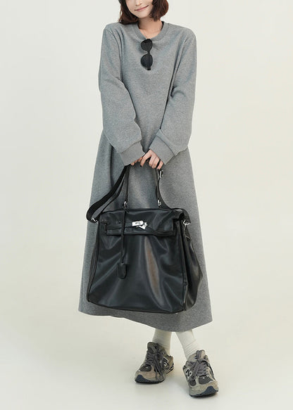 Grey O Neck Loose Cotton Straight Dresses Spring