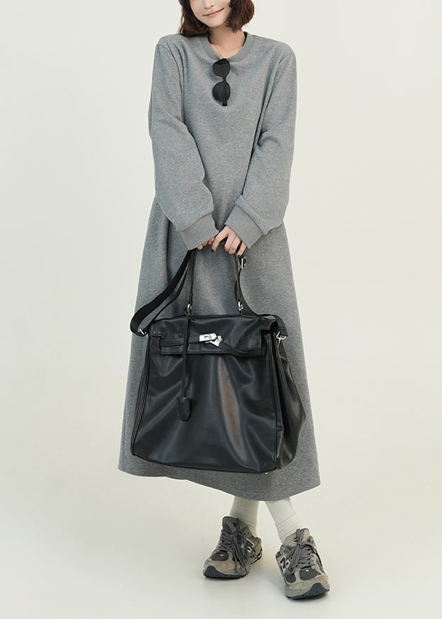 Grey O Neck Loose Cotton Straight Dresses Spring