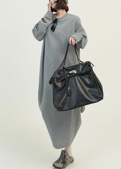 Grey O Neck Loose Cotton Straight Dresses Spring