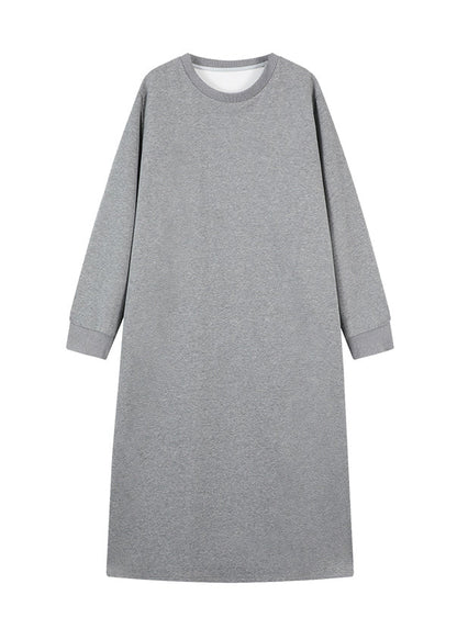 Grey O Neck Loose Cotton Straight Dresses Spring