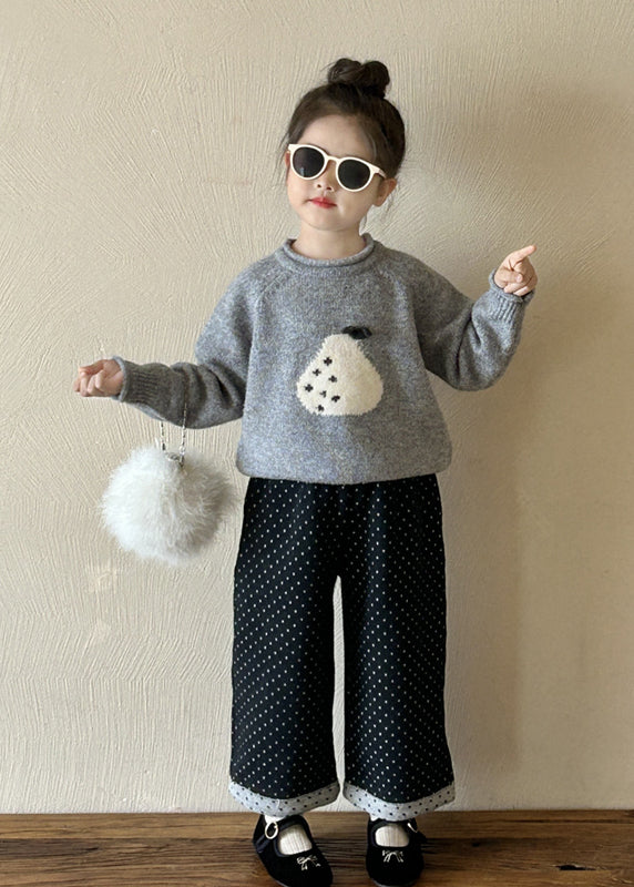 Grey O-neck Thick Knitted Cotton Sweaters and Pants Two Pieces Set Spring