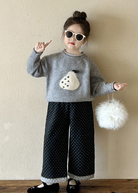Grey O-neck Thick Knitted Cotton Sweaters and Pants Two Pieces Set Spring