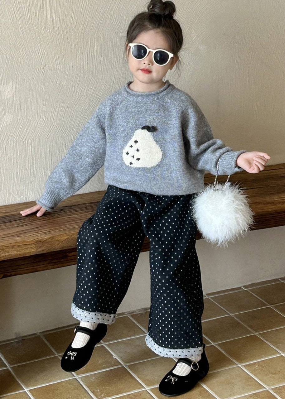 Grey O-neck Thick Knitted Cotton Sweaters and Pants Two Pieces Set Spring