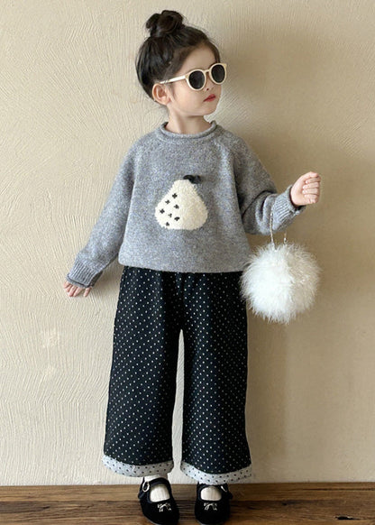 Grey O-neck Thick Knitted Cotton Sweaters and Pants Two Pieces Set Spring