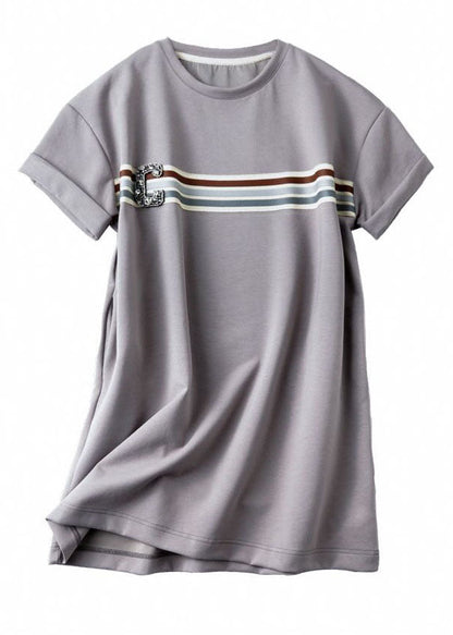 Grey O Neck Zircon Patchwork Cotton T Shirt Dresses Summer