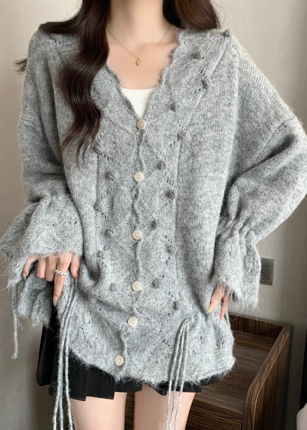 Grey Oversized Fuzzy Ball Decorated Knit Cardigans Fall