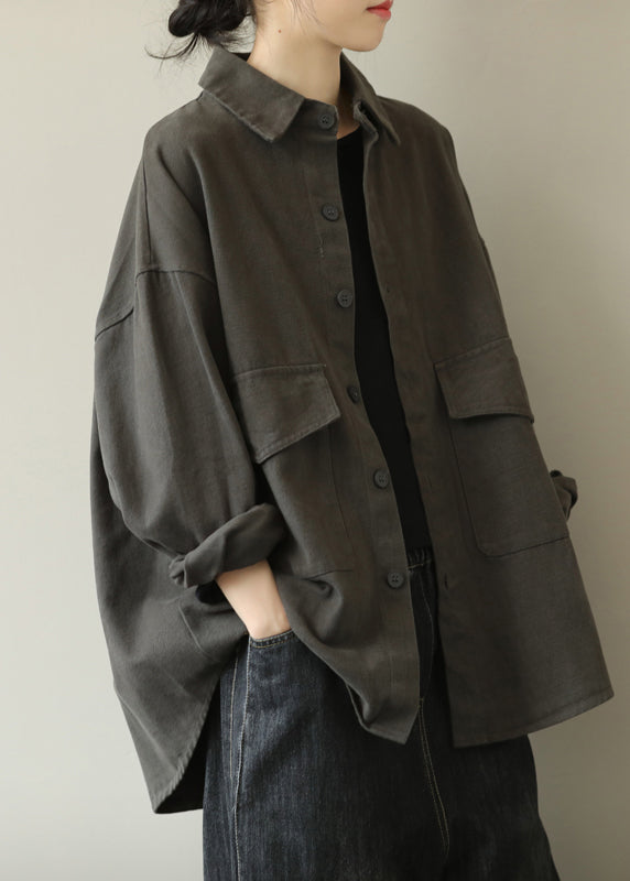 Grey Oversized Pockets Cotton Coat Outwear Fall