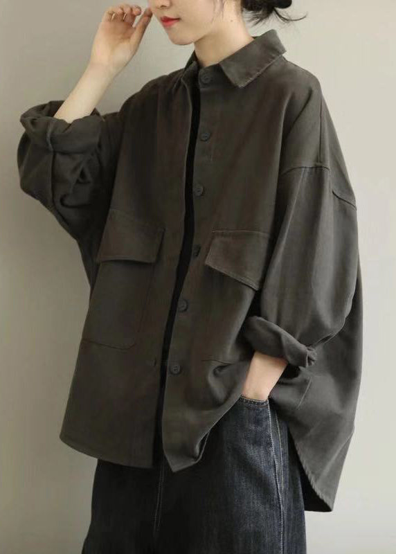 Grey Oversized Pockets Cotton Coat Outwear Fall