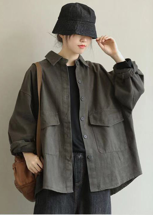 Grey Oversized Pockets Cotton Coat Outwear Fall