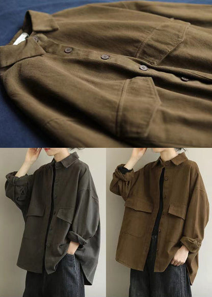 Grey Oversized Pockets Cotton Coat Outwear Fall
