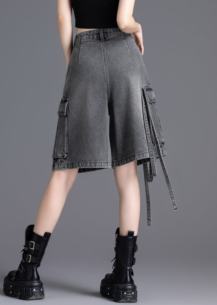 Grey Oversized Pockets Denim Crop Pants Summer