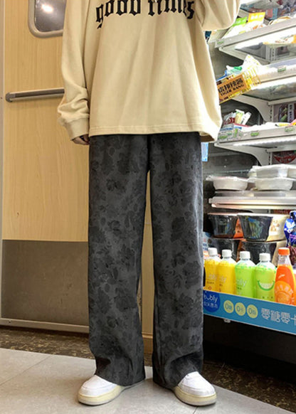 Grey Oversized Print Cotton Pants Spring