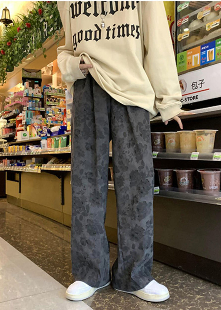 Grey Oversized Print Cotton Pants Spring