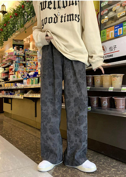 Grey Oversized Print Cotton Pants Spring