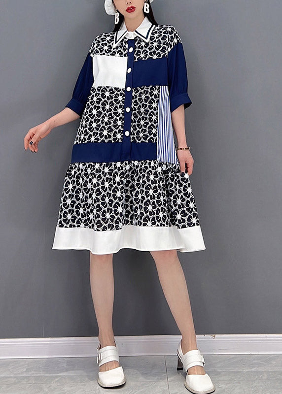 Grey Peter Pan Collar Print Patchwork Button Chiffon Dress Half Sleeve