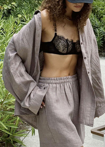 Grey Peter Pan Collar Shirts and Shorts Two Pieces Set Fall