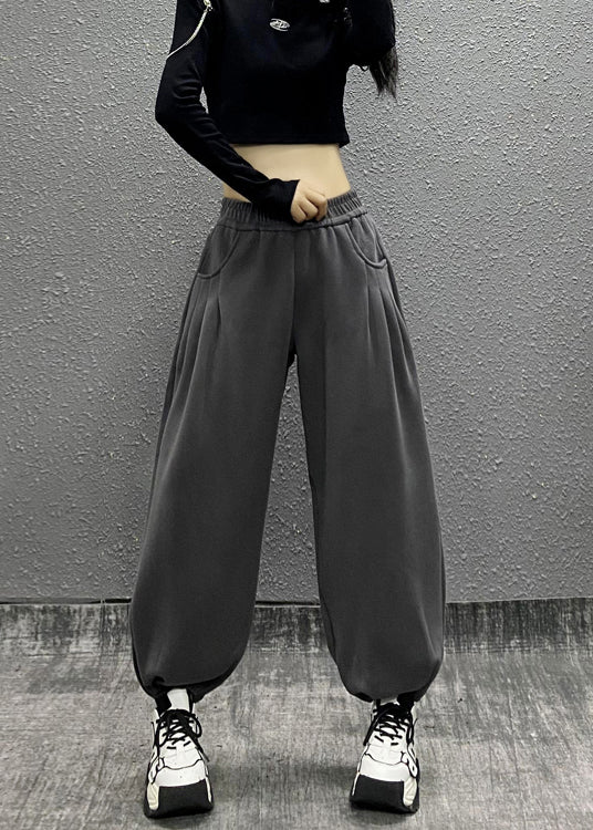 Grey Pockets Elastic Waist Cotton Beam Pants Spring