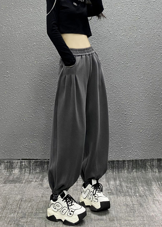 Grey Pockets Elastic Waist Cotton Beam Pants Spring