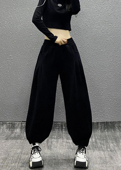 Grey Pockets Elastic Waist Cotton Beam Pants Spring