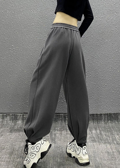 Grey Pockets Elastic Waist Cotton Beam Pants Spring