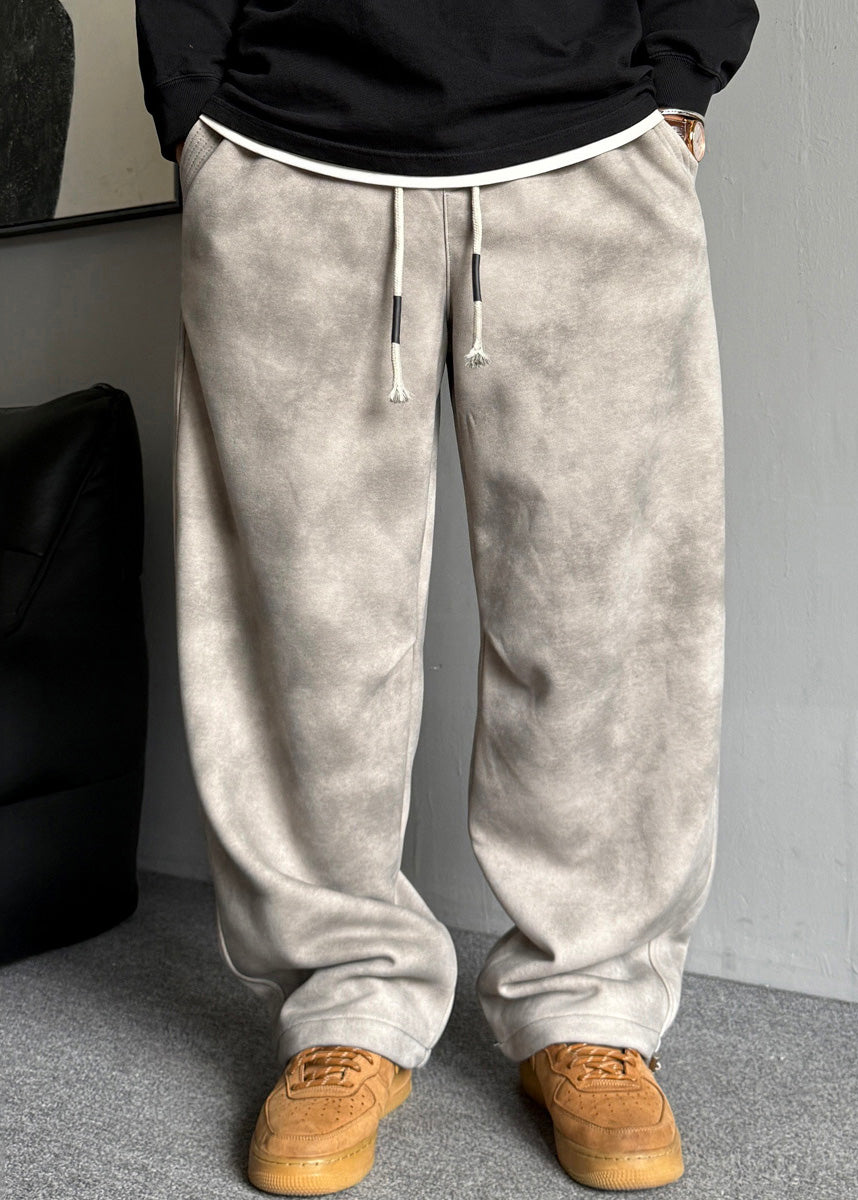 Grey Pockets Elastic Waist Warm Fleece Pants Spring