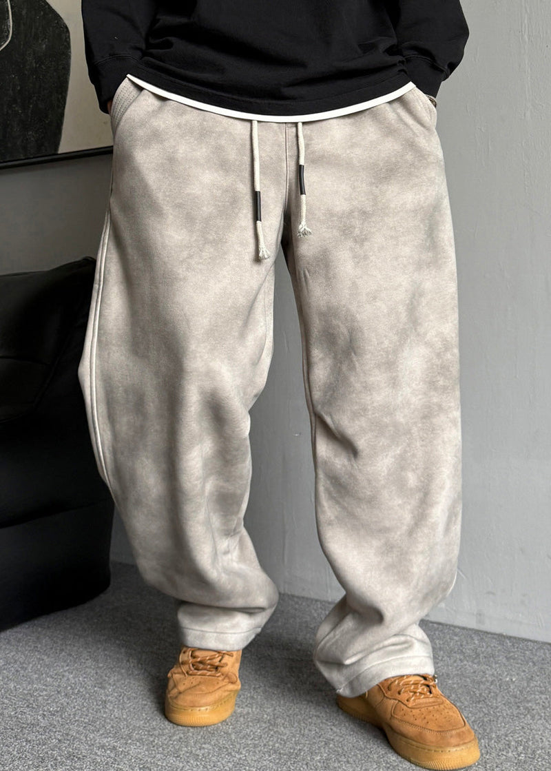 Grey Pockets Elastic Waist Warm Fleece Pants Spring