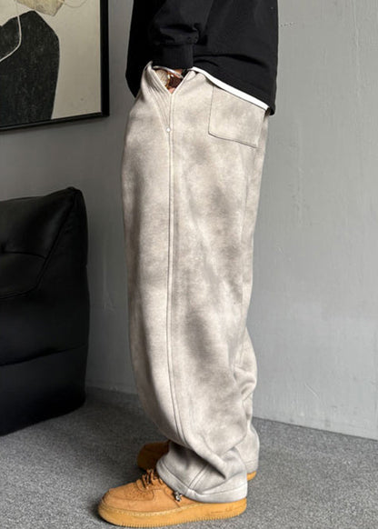 Grey Pockets Elastic Waist Warm Fleece Pants Spring